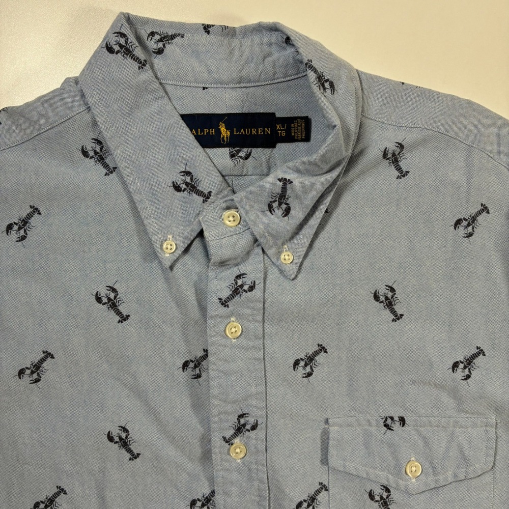 Ralph Lauren Button Down Shirt XL Blue Lobster Print Short Sleeve Oxford AOP